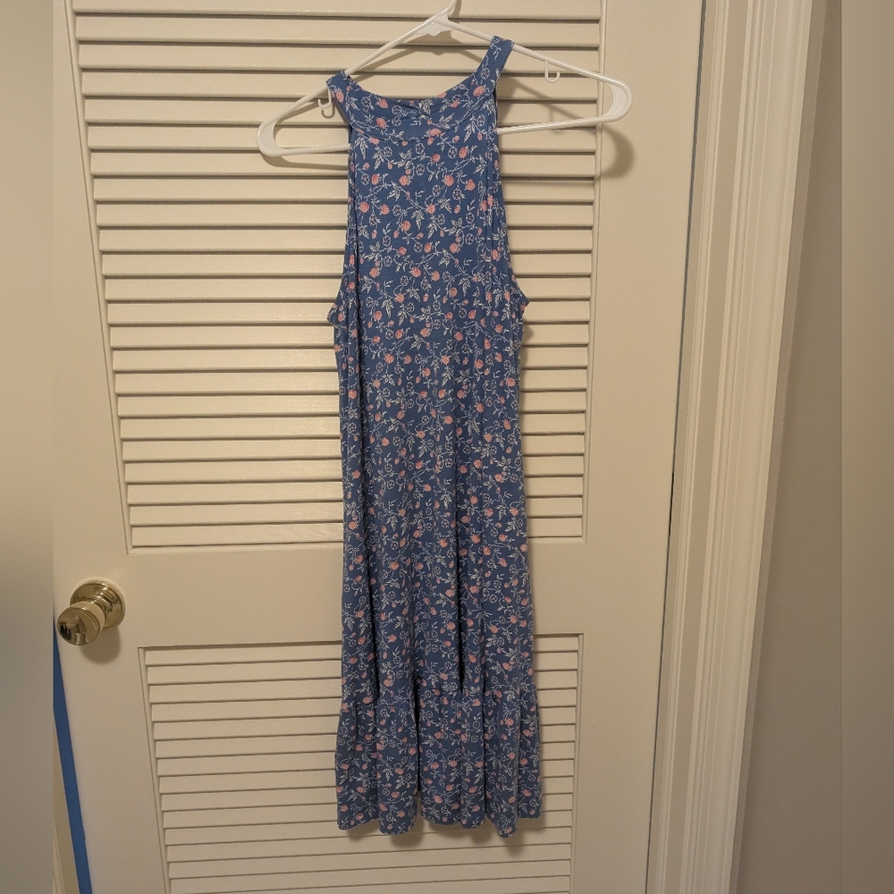 LOFT Blue and Pink Cornflower Blue Raspberry Floral Print Halter Neck Dress